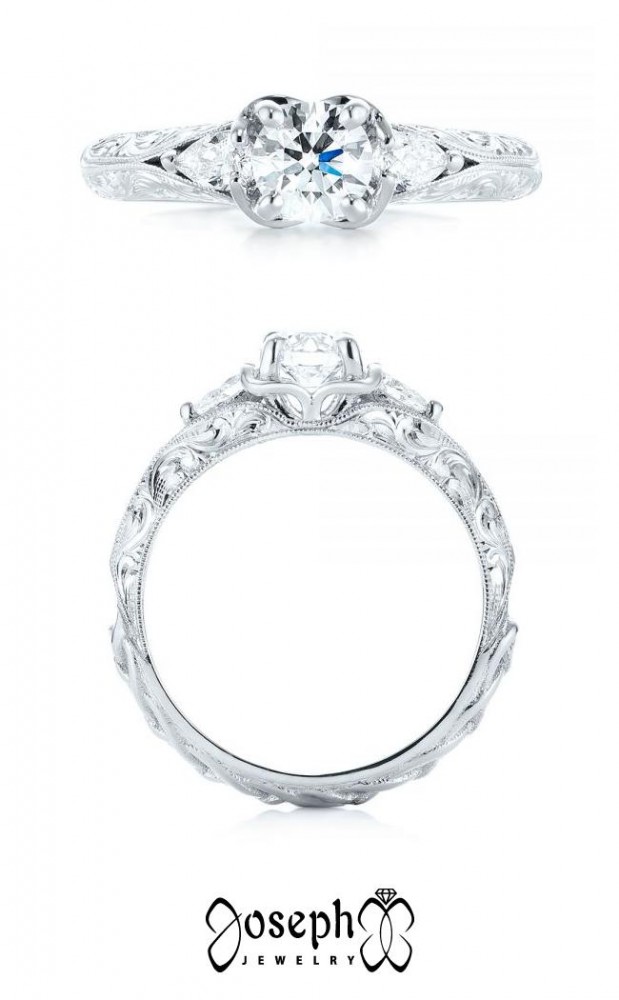 Custom Low Profile Three Stone Hand Engraved Diamond Engagement Ring