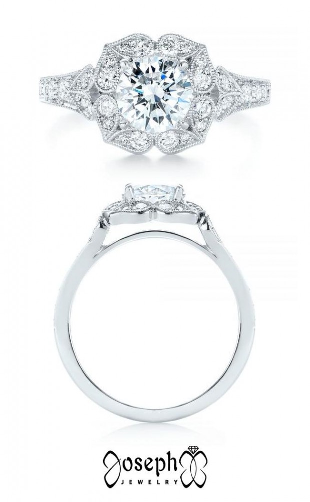  Low Profile Floral Halo Diamond Engagement Ring
