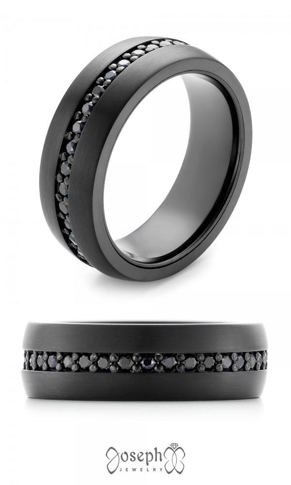 Tungsten Ring for Men Wedding Band Black Sandstone Inlaid Gold Dome