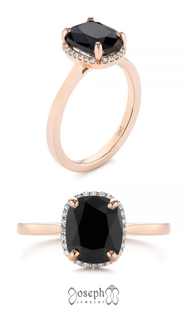Black diamond and rose gold halo engagement ring