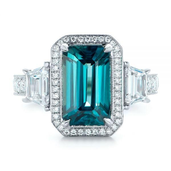 Custom Blue Zircon And Diamond Halo Engagement Ring