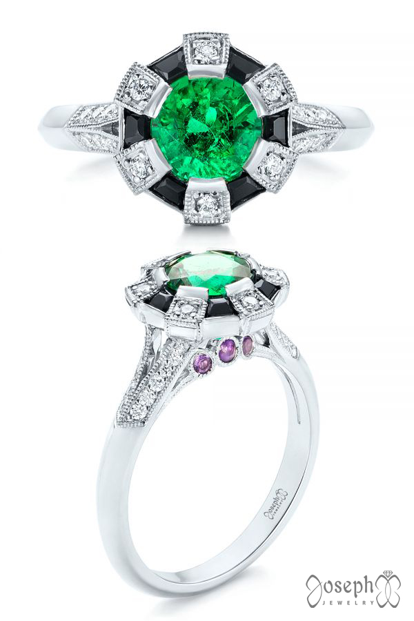 Custom Emerald Black And White Diamond Engagement Ring