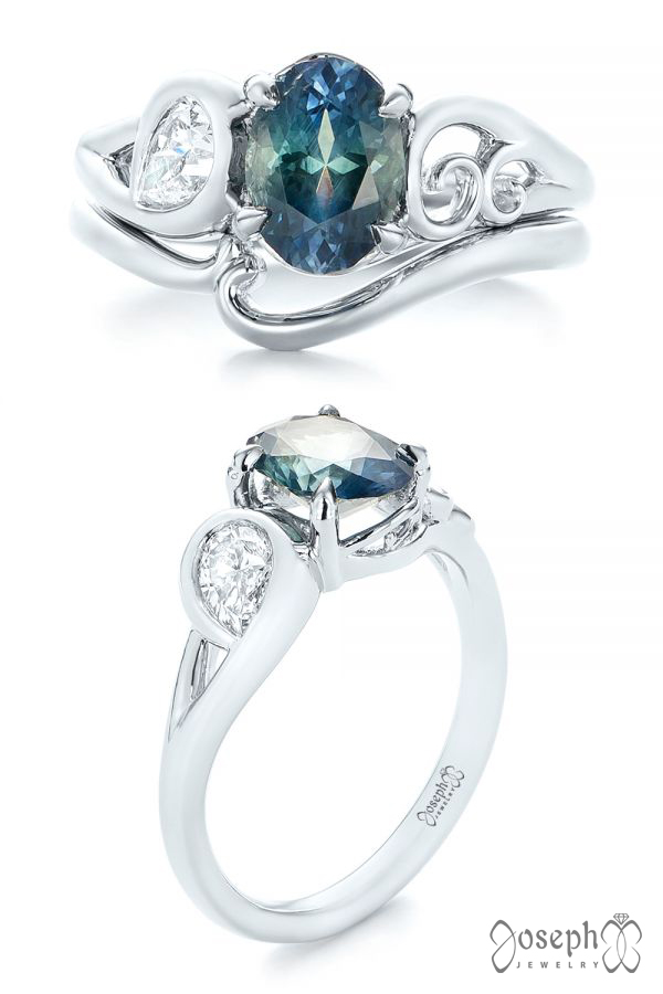 Custom Blue-green Sapphire And Diamond Engagement Ring