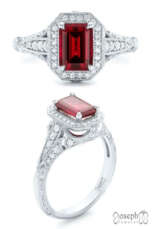 Custom Ruby And Diamond Halo Vintage Engagement Ring