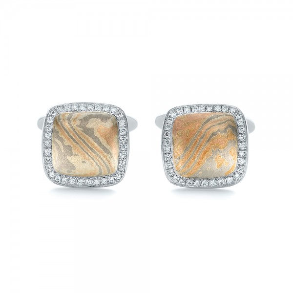  18K Gold Custom Diamond And Mokume Cufflinks - Top View -  102252