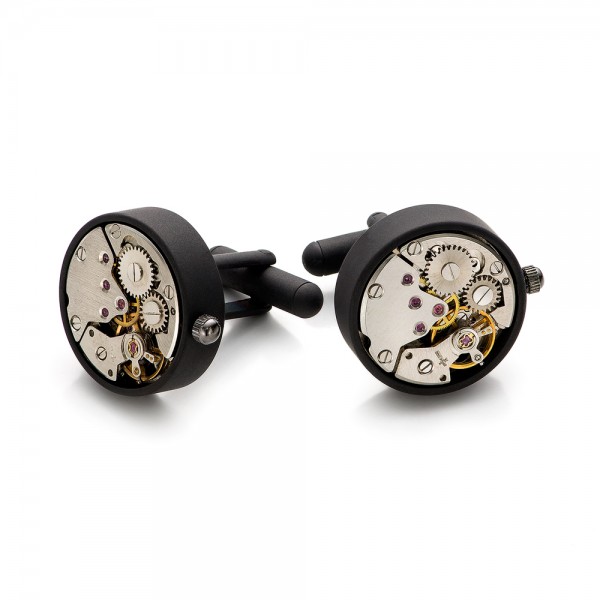 Matte Black Watch Movement Cufflinks - Front View -  101773