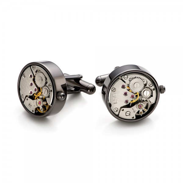 Round 20mm Gunmetal Watch Movement Cufflinks - Front View -  101770