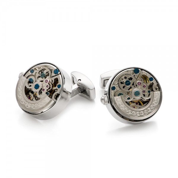 Silver Kinetic Watch Movement Cufflinks - Front View -  101768