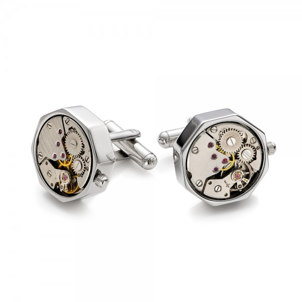 Silver Octagon Watch Movement Cufflinks - Front View - 101772