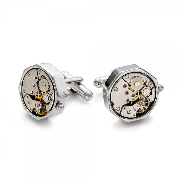 Silver Octagon Watch Movement Cufflinks - Front View -  101772