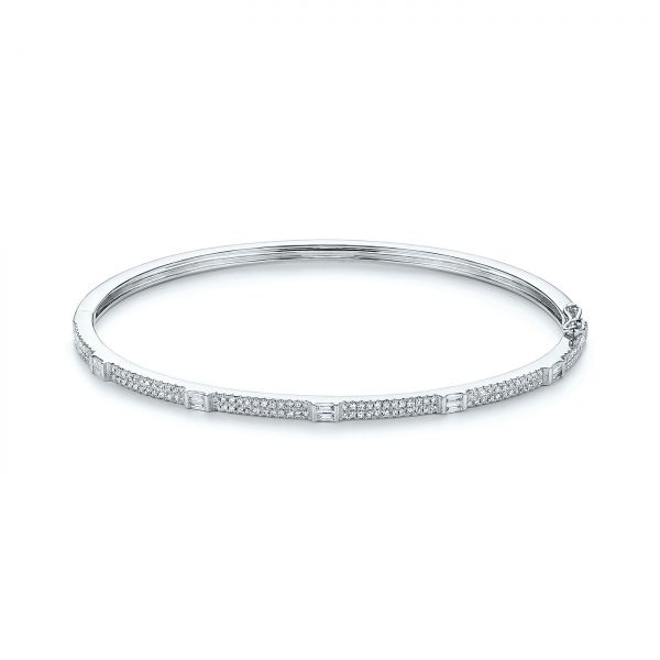 14k White Gold Baguette Diamond And Pave Bangle - Three-Quarter View -  105952