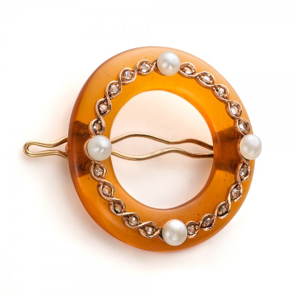 Amber Diamond And Pearl Hair Clip - Flat View -  100742