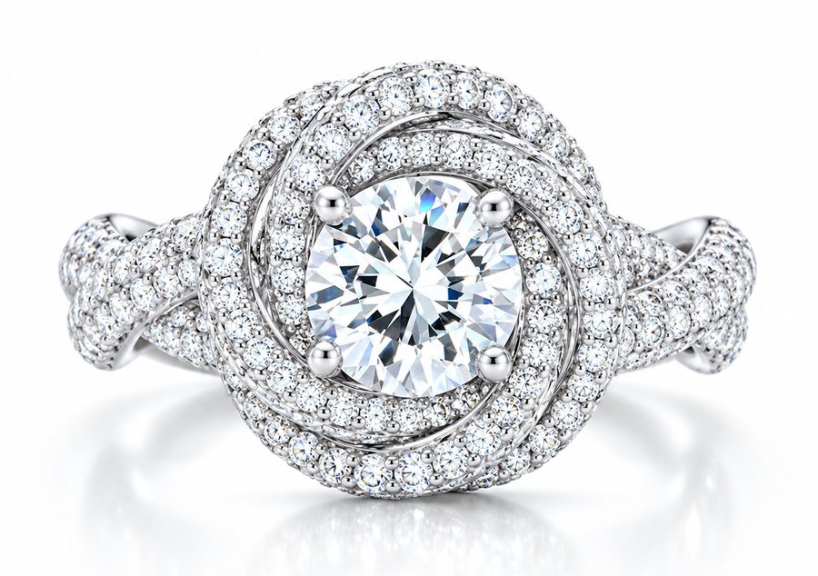 The finished ring, set with a round diamond