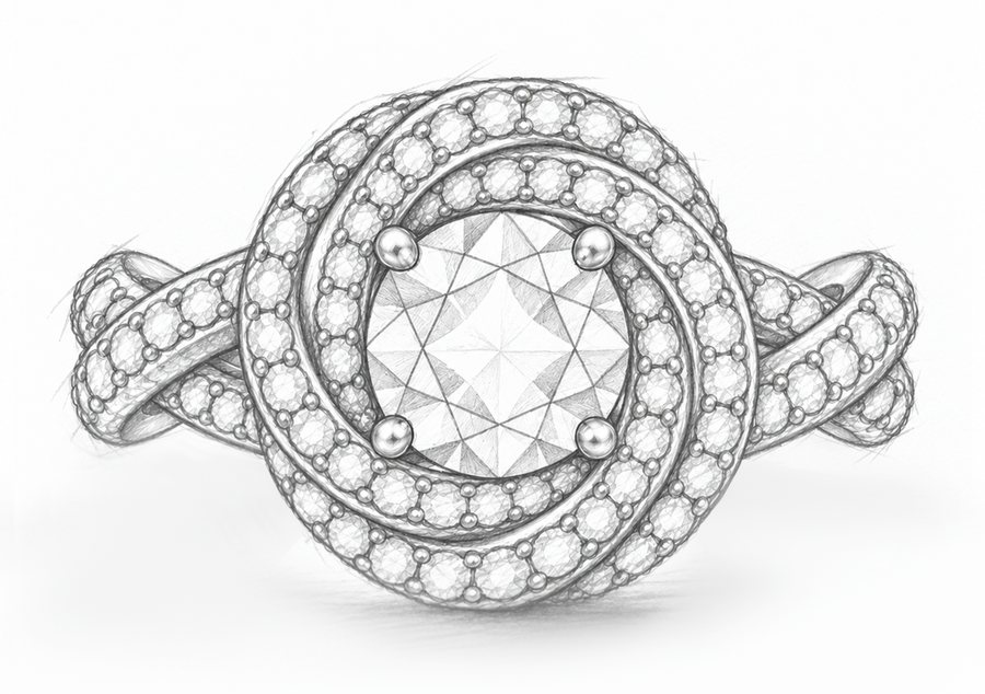 Pencil sketch of a swirl engagement ring