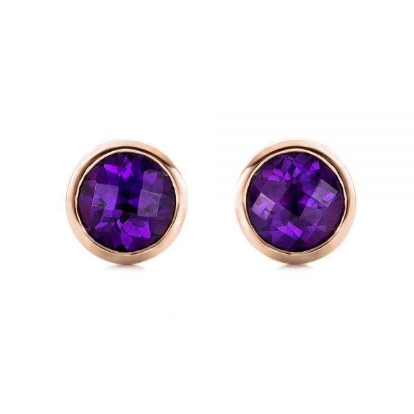 18k Rose Gold 18k Rose Gold Amethyst Bezel Set Stud Earrings - Three-Quarter View -  101026