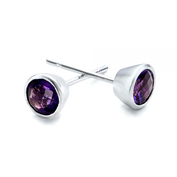 14k White Gold Amethyst Bezel Set Stud Earrings - Front View - 101026
