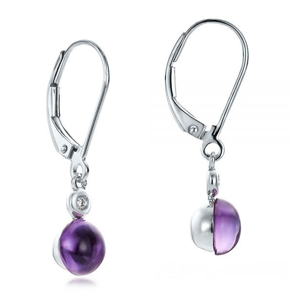 14k White Gold Amethyst Cabochon And Diamond Earrings - Front View -  100447