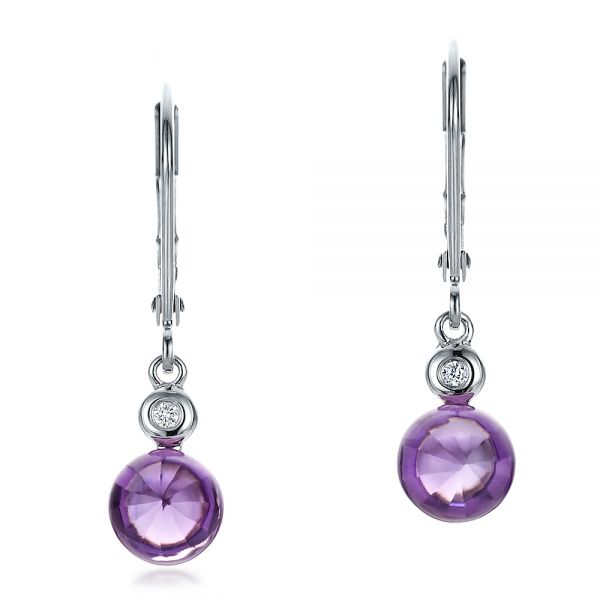 14k White Gold Amethyst Cabochon And Diamond Earrings - Three-Quarter View -  100447