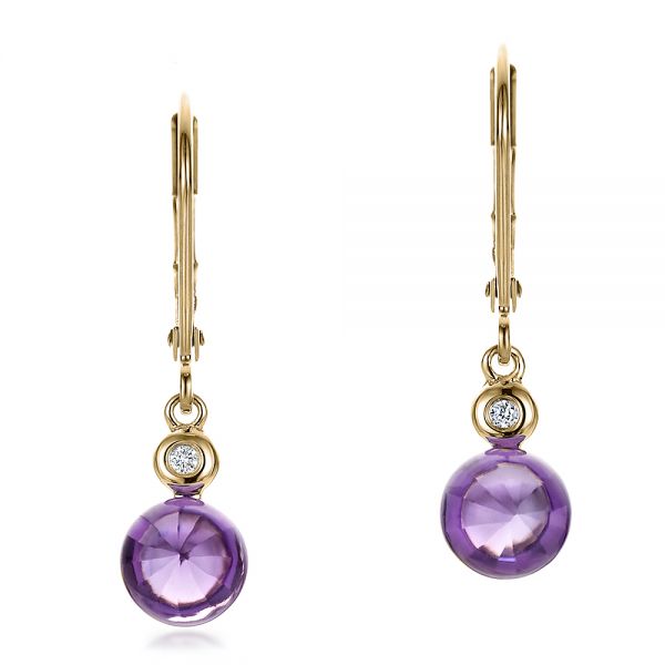 18k Yellow Gold 18k Yellow Gold Amethyst Cabochon And Diamond Earrings - Three-Quarter View -  100447