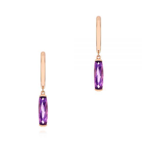 14k Rose Gold Amethyst Huggie Earrings - Three-Quarter View -  105409