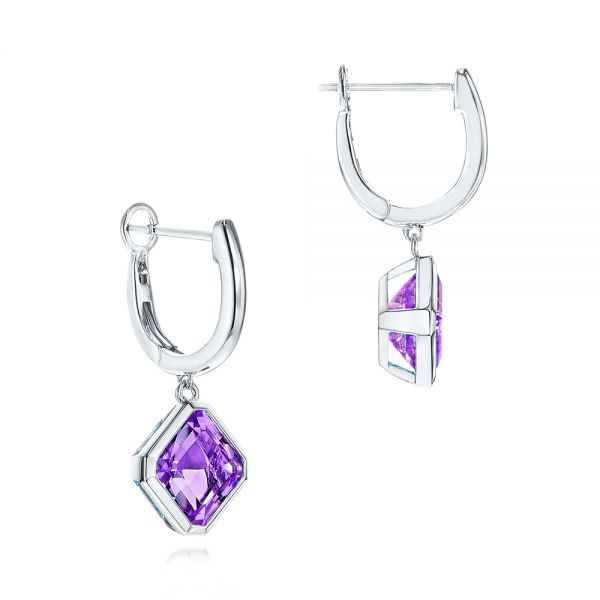 14k White Gold 14k White Gold Amethyst Huggies - Front View -  106552