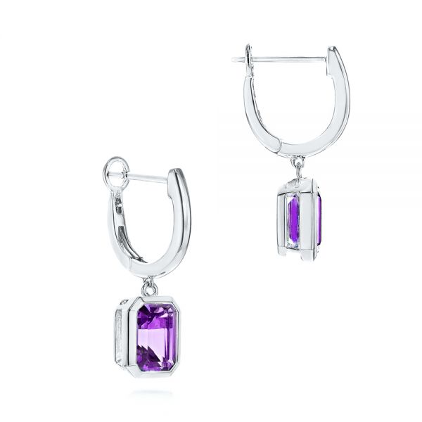 18k White Gold 18k White Gold Amethyst Huggies - Front View -  106605