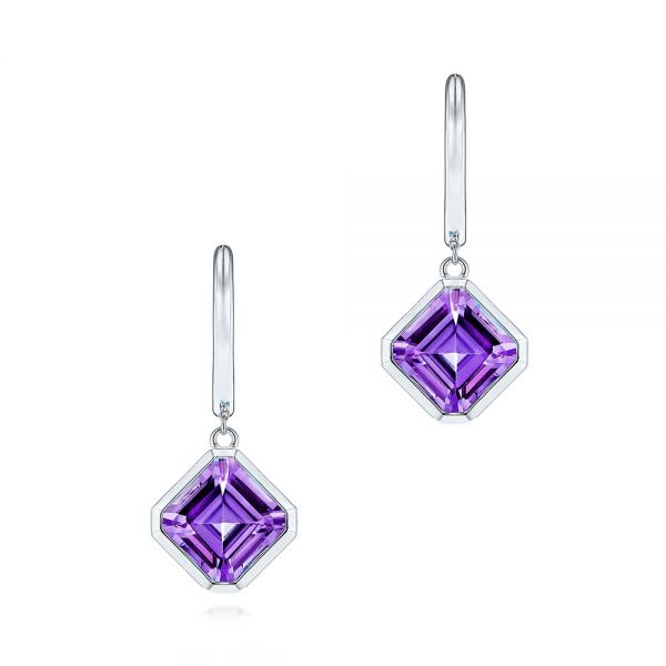 18k White Gold 18k White Gold Amethyst Huggies - Three-Quarter View -  106552