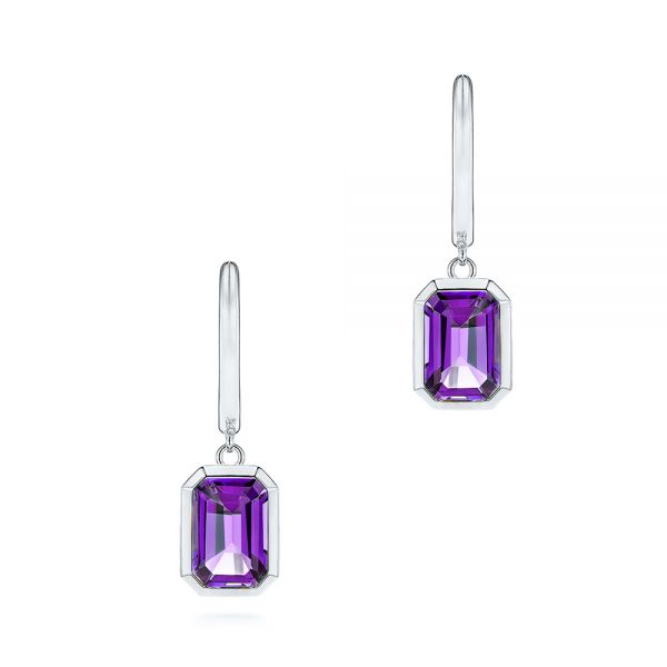 18k White Gold 18k White Gold Amethyst Huggies - Three-Quarter View -  106605