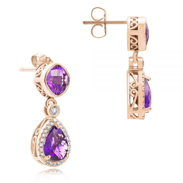 14k Rose Gold 14k Rose Gold Amethyst And Diamond Drop Earrings - Front View - 107267