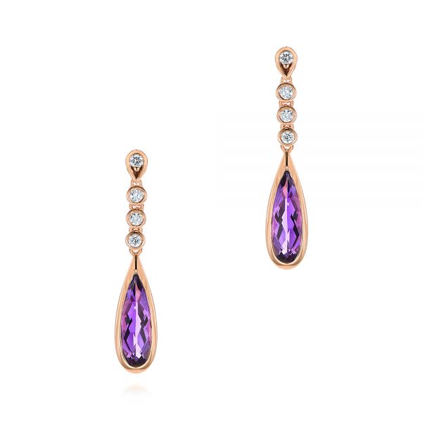 14k Rose Gold Amethyst And Diamond Drop Earrings - Three-Quarter View -  105394