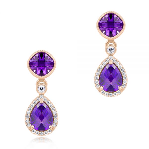 18k Rose Gold 18k Rose Gold Amethyst And Diamond Drop Earrings - Three-Quarter View -  107267