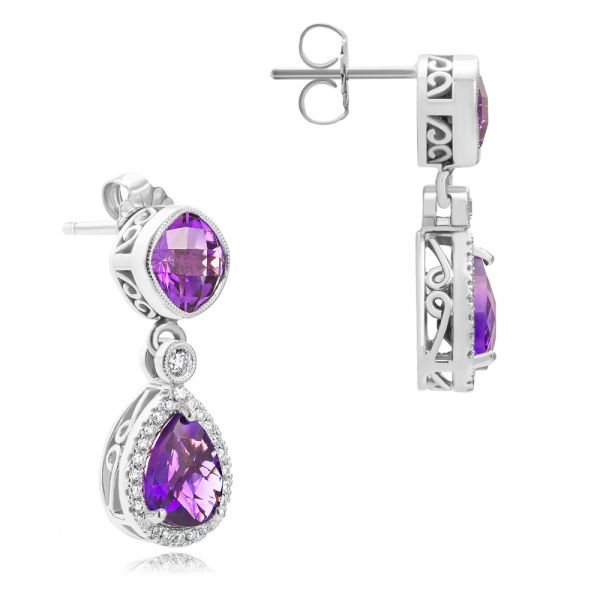 14k White Gold Amethyst And Diamond Drop Earrings - Front View -  107267