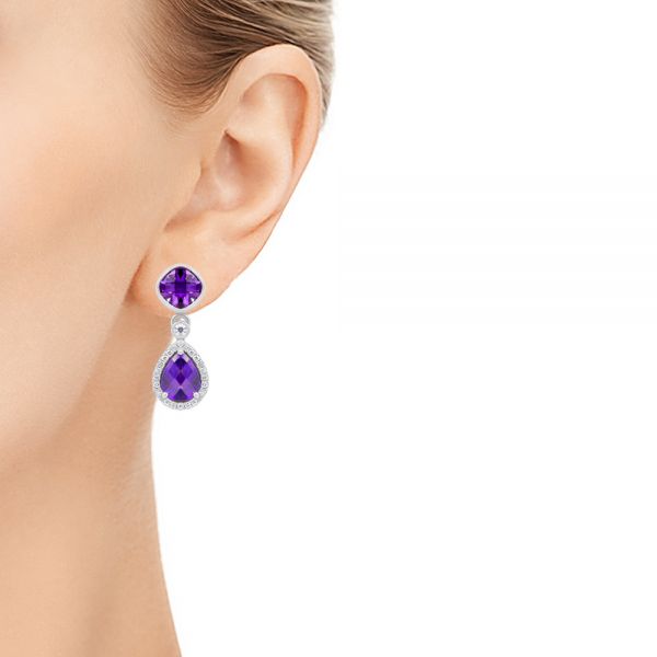 14k White Gold Amethyst And Diamond Drop Earrings - Hand View -  107267