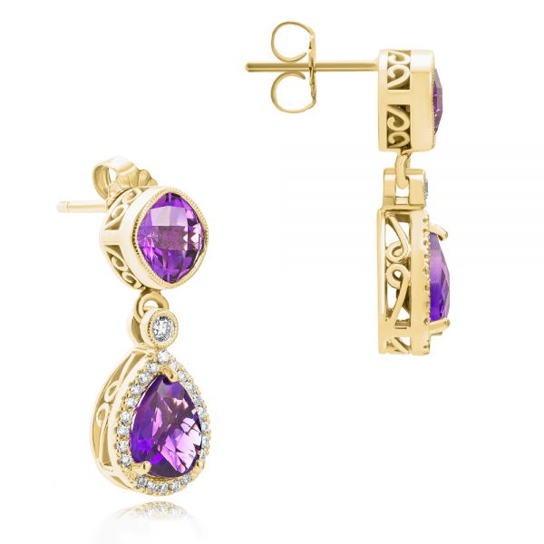 14k Yellow Gold 14k Yellow Gold Amethyst And Diamond Drop Earrings - Front View -  107267