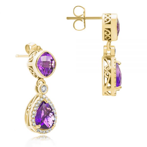18k Yellow Gold 18k Yellow Gold Amethyst And Diamond Drop Earrings - Front View - 107267