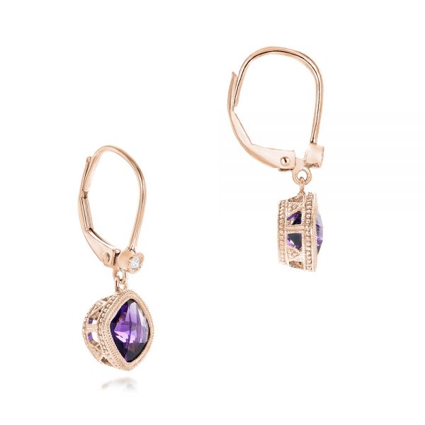 14k Rose Gold 14k Rose Gold Amethyst And Diamond Earrings - Front View -  102656
