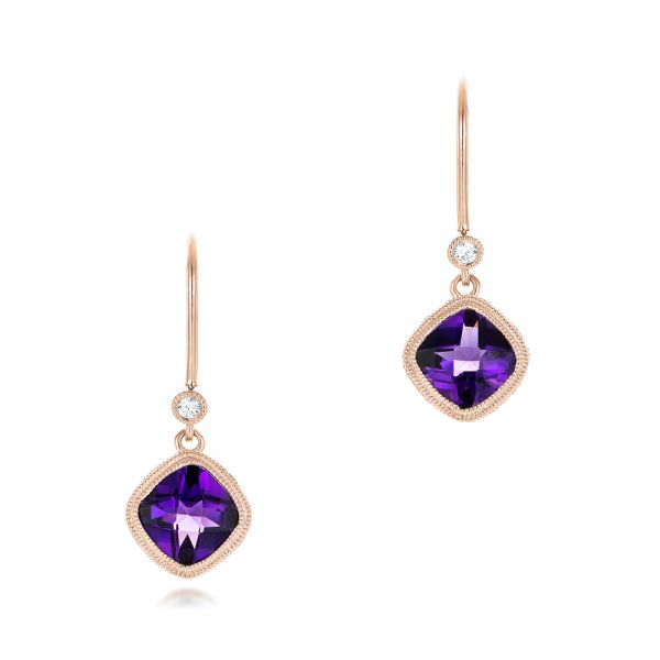 14k Rose Gold 14k Rose Gold Amethyst And Diamond Earrings - Three-Quarter View -  102656