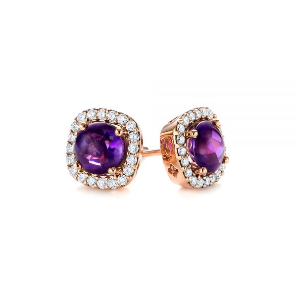 14k Rose Gold Amethyst And Diamond Halo Earrings - Front View - 103539