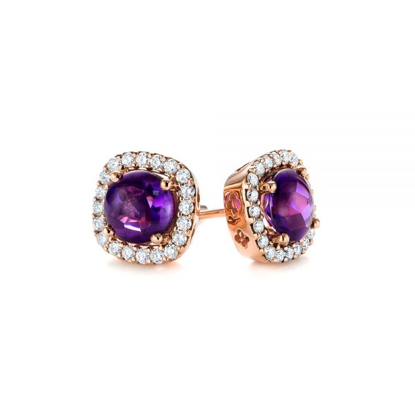 14k Rose Gold Amethyst And Diamond Halo Earrings - Front View -  103539