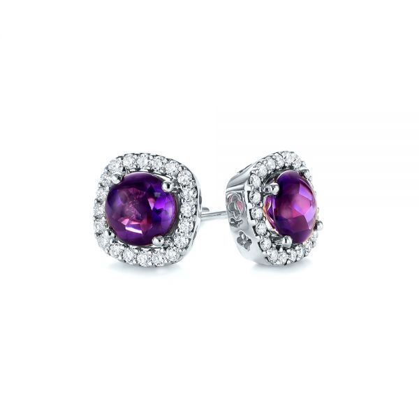 18k White Gold 18k White Gold Amethyst And Diamond Halo Earrings - Front View -  103539