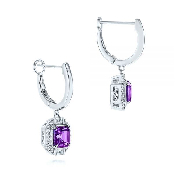 14k White Gold Amethyst And Diamond Halo Earrings - Front View -  106052