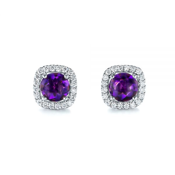 18k White Gold 18k White Gold Amethyst And Diamond Halo Earrings - Three-Quarter View -  103539