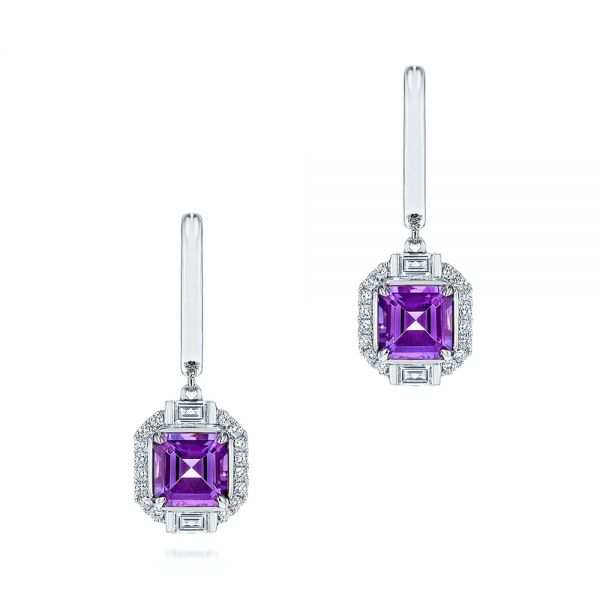 14k White Gold Amethyst And Diamond Halo Earrings - Three-Quarter View -  106052