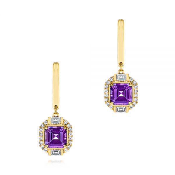 14k Yellow Gold 14k Yellow Gold Amethyst And Diamond Halo Earrings - Three-Quarter View -  106052