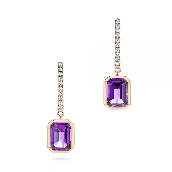 14k Rose Gold 14k Rose Gold Amethyst And Diamond Huggie Earrings - Three-Quarter View -  106549