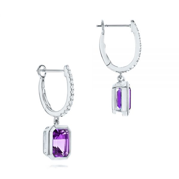 14k White Gold 14k White Gold Amethyst And Diamond Huggie Earrings - Front View -  106549
