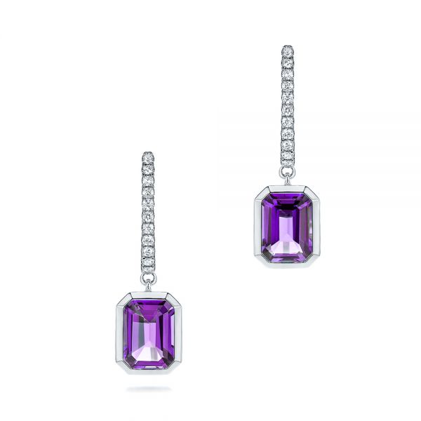  Platinum Platinum Amethyst And Diamond Huggie Earrings - Three-Quarter View -  106549