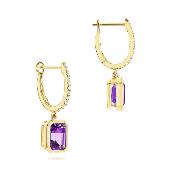 14k Yellow Gold 14k Yellow Gold Amethyst And Diamond Huggie Earrings - Front View -  106549