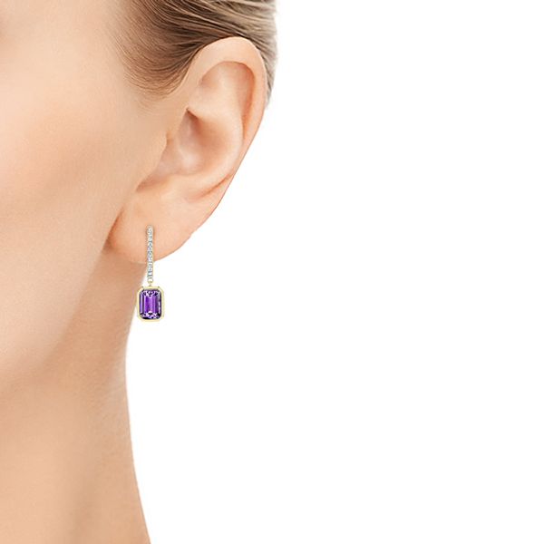 14k Yellow Gold 14k Yellow Gold Amethyst And Diamond Huggie Earrings - Hand View - 106549