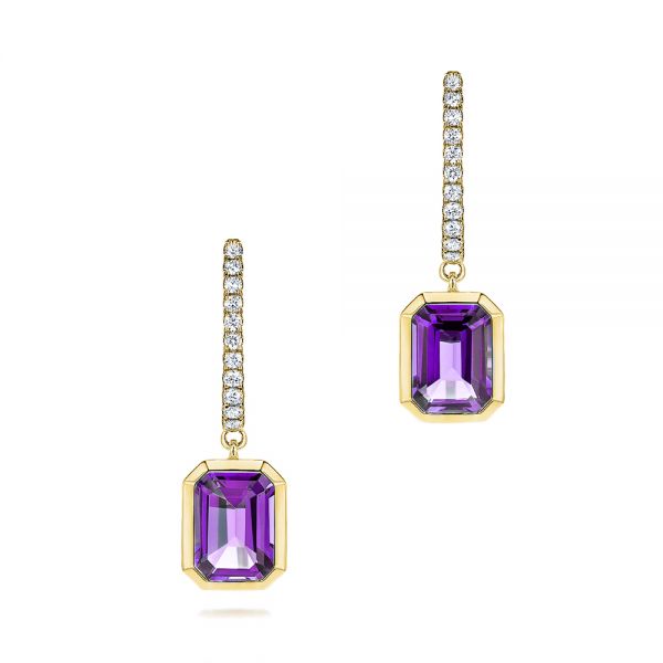 18k Yellow Gold 18k Yellow Gold Amethyst And Diamond Huggie Earrings - Three-Quarter View -  106549